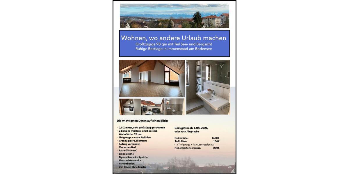 Dachgeschoßwohnung Immenstaad am Bodensee - 2.5 Zimmer, 98 m&sup2;, 1.450&euro; | Angebot:25367755