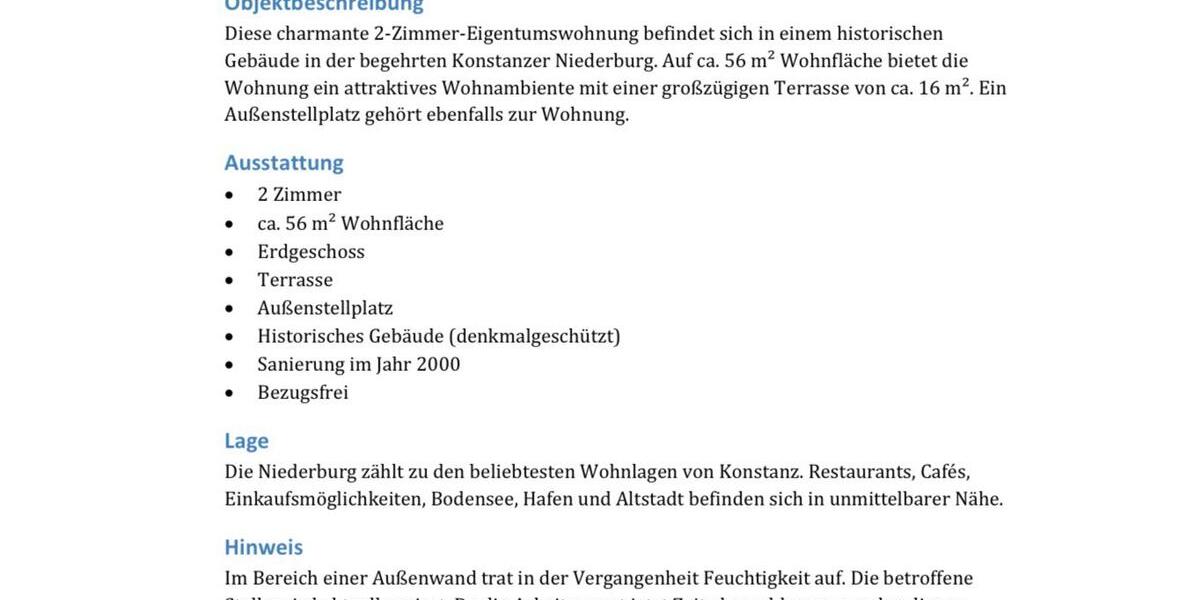 Erdgeschoßwohnung Konstanz Konstanz-Fürstenberg - 2 Zimmer, 56 m&sup2;, 379.000&euro; | Angebot:26889106