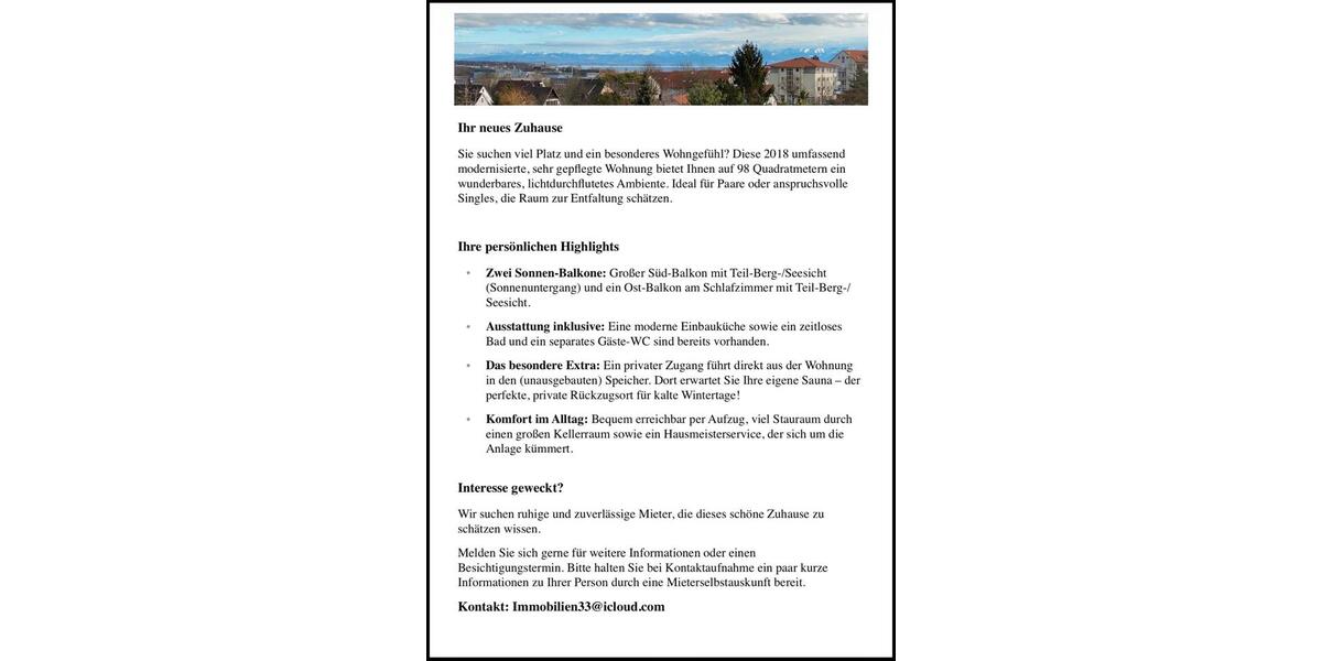 Dachgeschoßwohnung Immenstaad am Bodensee - 2.5 Zimmer, 98 m&sup2;, 1.450&euro; | Angebot:25367755